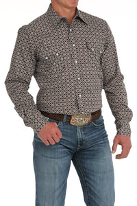 Cinch Men's L/S Modern Fit Medallion Western Snap Shirt in Brown & White