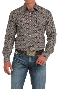 Cinch Men's L/S Modern Fit Medallion Western Snap Shirt in Brown & White