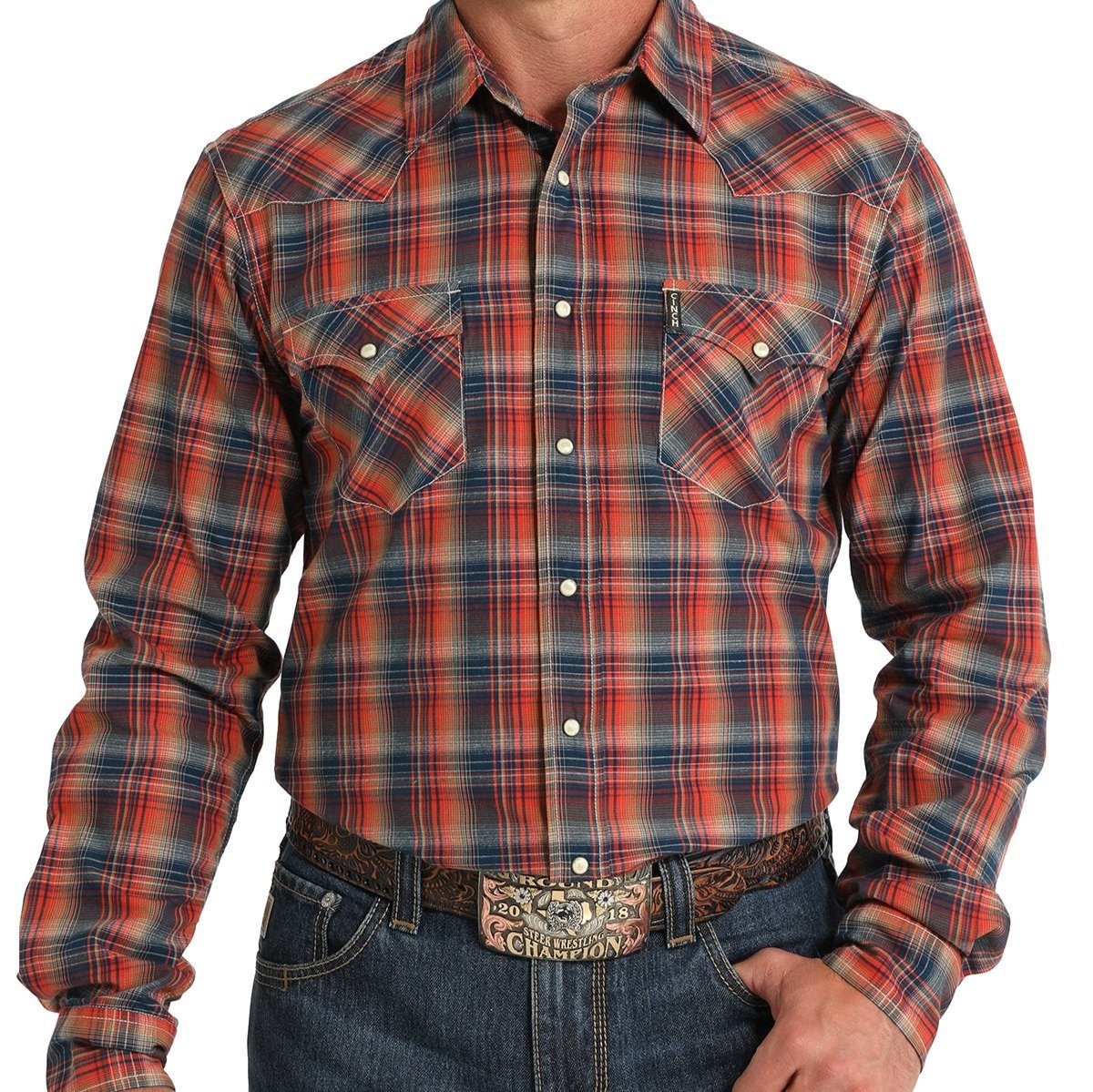 Cinch Men's Modern Fit Plaid Western Snap Shirt in Red