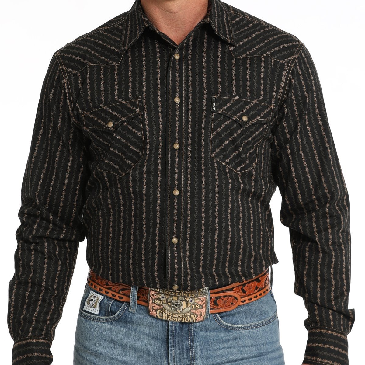 Cinch Men's Modern Fit Floral Striped Western Snap Shirt in Black