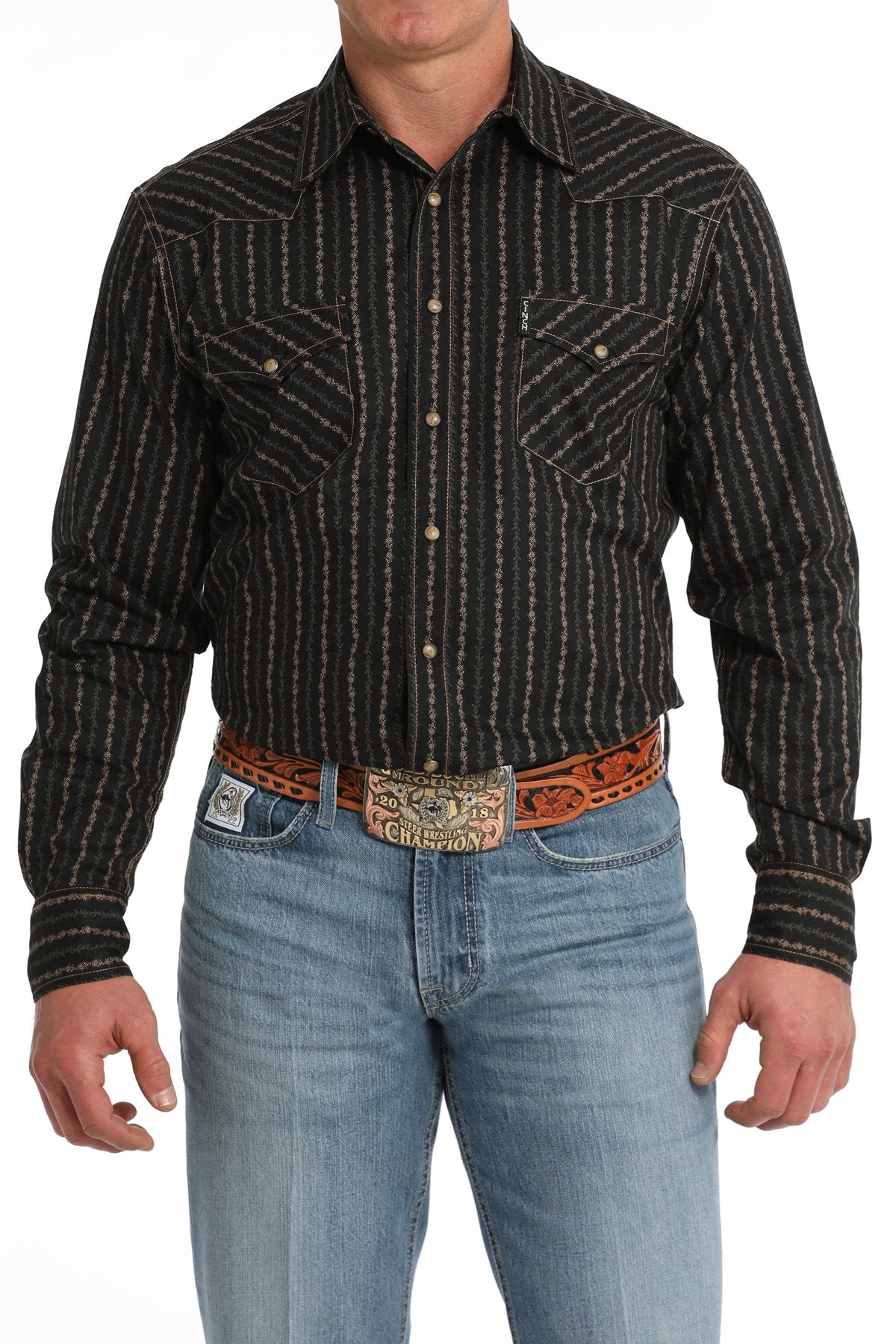 Cinch Men's Modern Fit Floral Striped Western Snap Shirt in Black