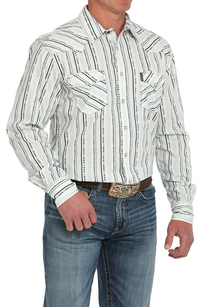 Cinch Men's L/S Modern Fit Striped Western Snap Shirt in White