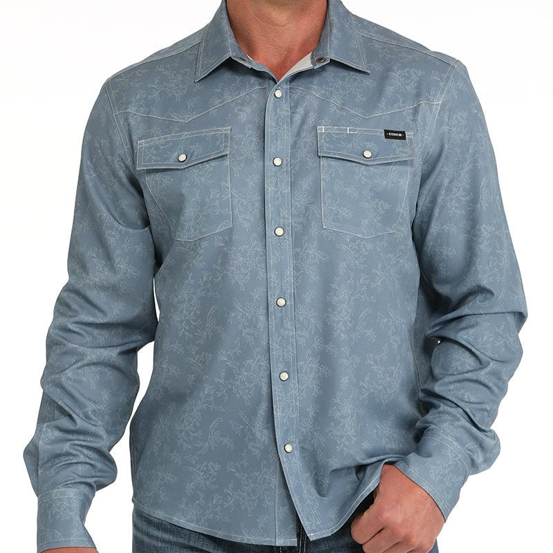 Cinch Men's L/S Arenaflex Floral Stitch Western Camp Shirt in Blue