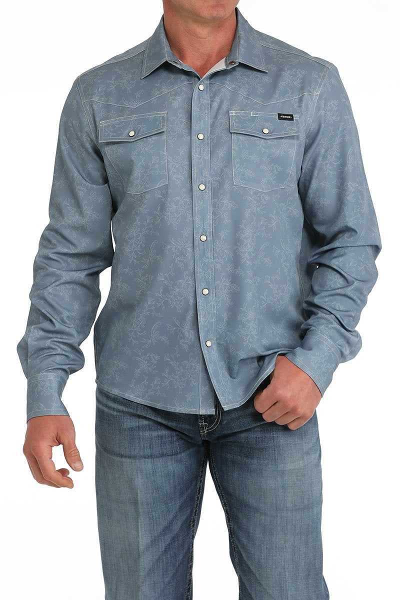 Cinch Men's L/S Arenaflex Floral Stitch Western Camp Shirt in Blue