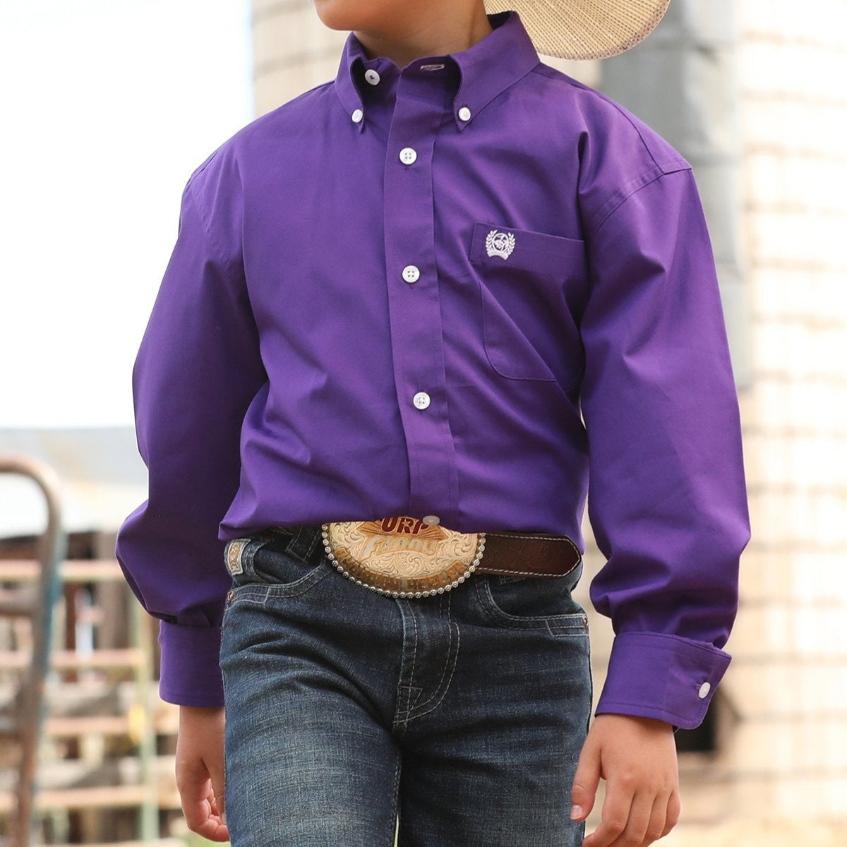 Cinch Youth Boy's L/S Solid Western Button Down Shirt in Purple