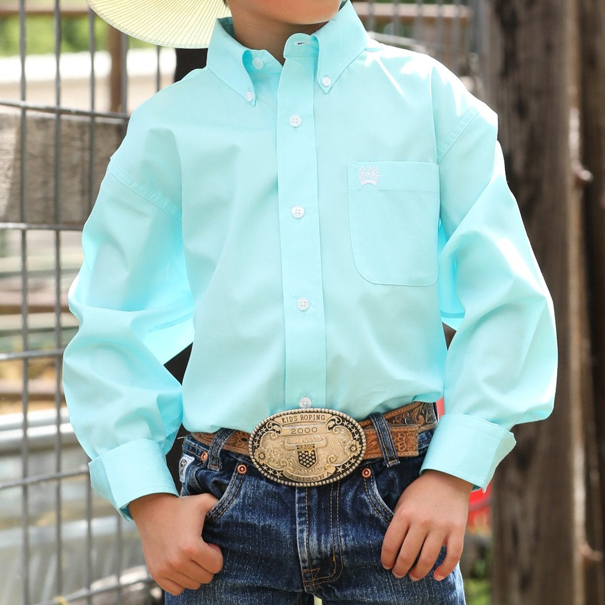 Cinch Youth Boy's L/S Solid Western Button Down Shirt in Turquoise