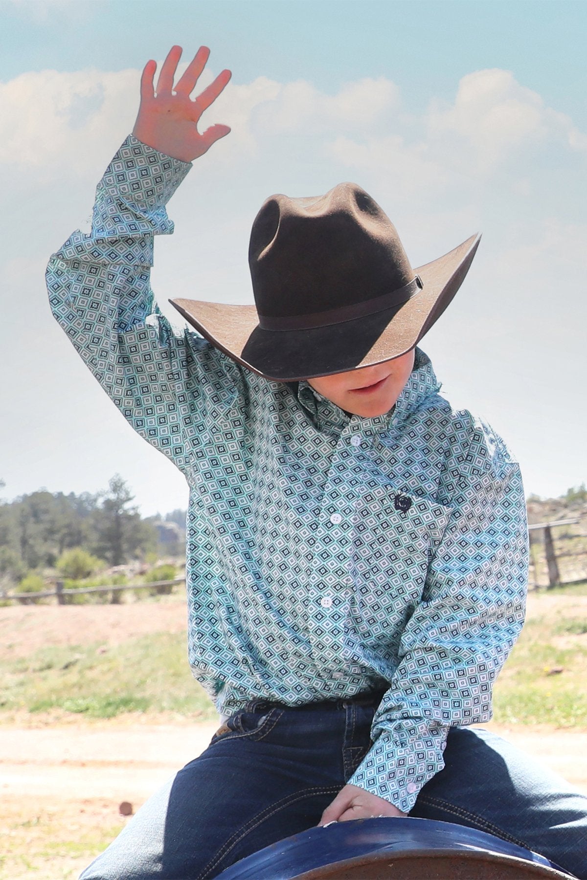 Cinch Youth Boy's L/S Geometric Print Button Down Western Shirt in Turquoise