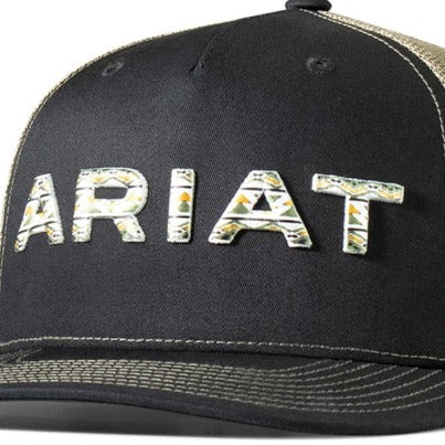 Ariat Men's Southwest Embossed Logo Trucker Cap in Black/Olive