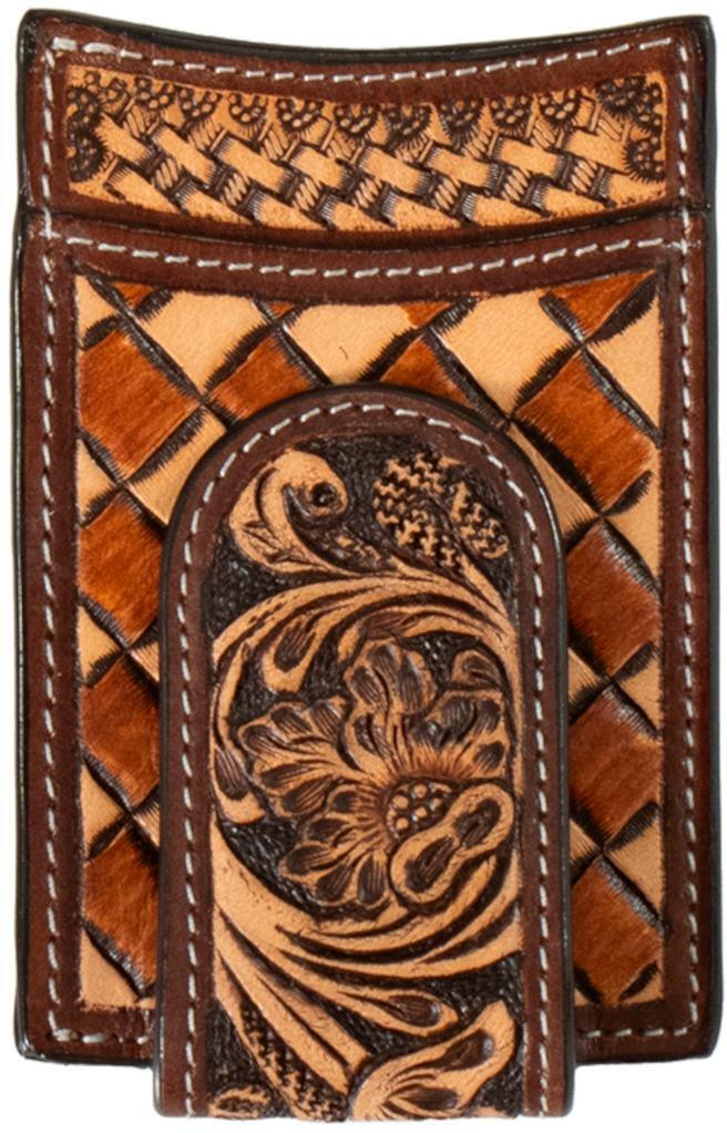 3D Men's Tan Checkered Basketweave & Floral Tooled Money Clip Card Case