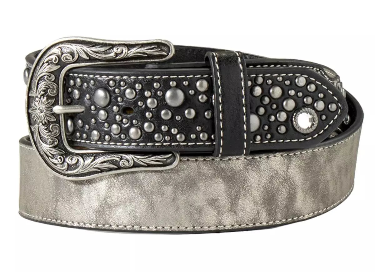 Angel Ranch Women's Black Tabbed Shimmer Grey Leather Belt