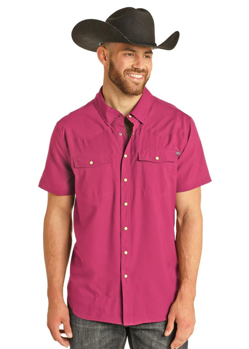 Rock & Roll Denim Men's S/S TEK Western Stretch Snap Shirt in Hot Pink