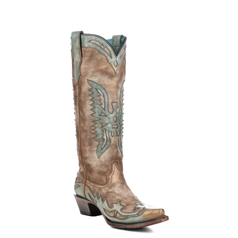 Corral Women's Bone & Turquoise Eagle Overlay Tall Boot