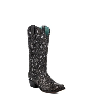 Corral Women's Black Glitter Overlay & Embroidery Snip Toe Western Boot