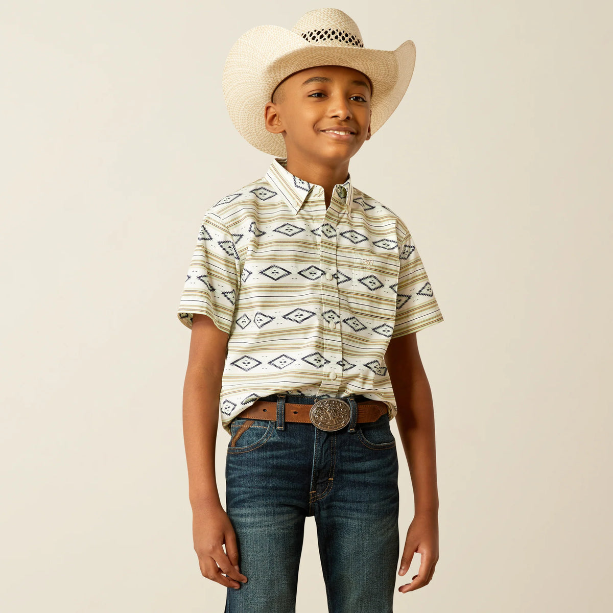 Ariat Boy's S/S Christopher Classic Fit Western Button Down Shirt in Mint