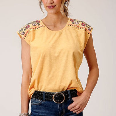 Roper Women's Embroidered Knit Blouse- Yellow