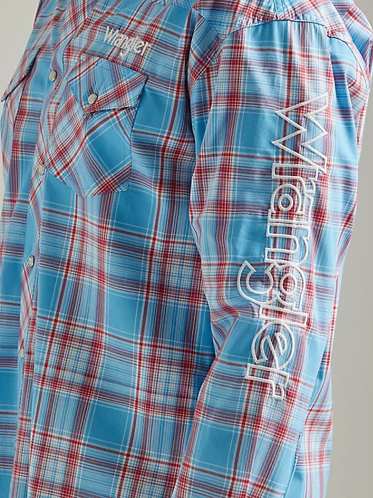 Wrangler Men's Logo Long Sleeve Snap Shirt- Sunny Blue