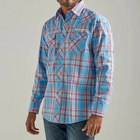 Wrangler Men's Logo Long Sleeve Snap Shirt- Sunny Blue
