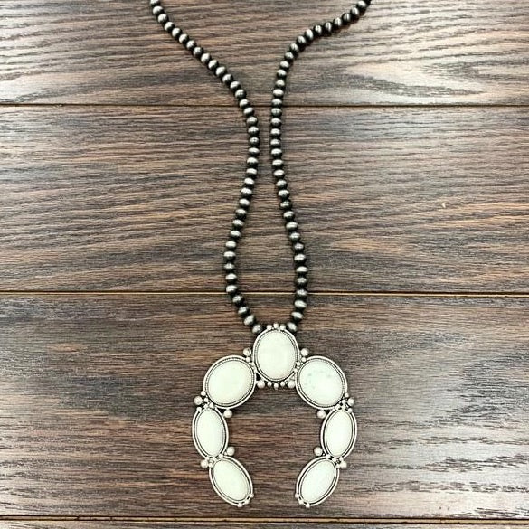 30" Long Navajo Pearl White Turquoise Squash Blossom Necklace