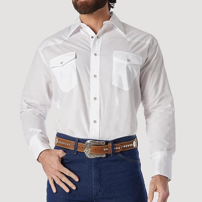 Wrangler Men's L/S Solid Broadcloth Authentic Sport Western Snap Shirt in White (Available in Big and Tall Sizes)
