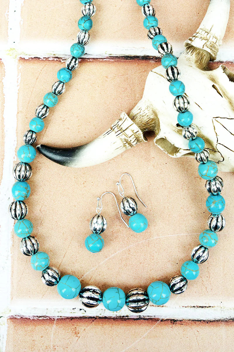 Silver and Turquoise Beaded Necklace and Earring Set