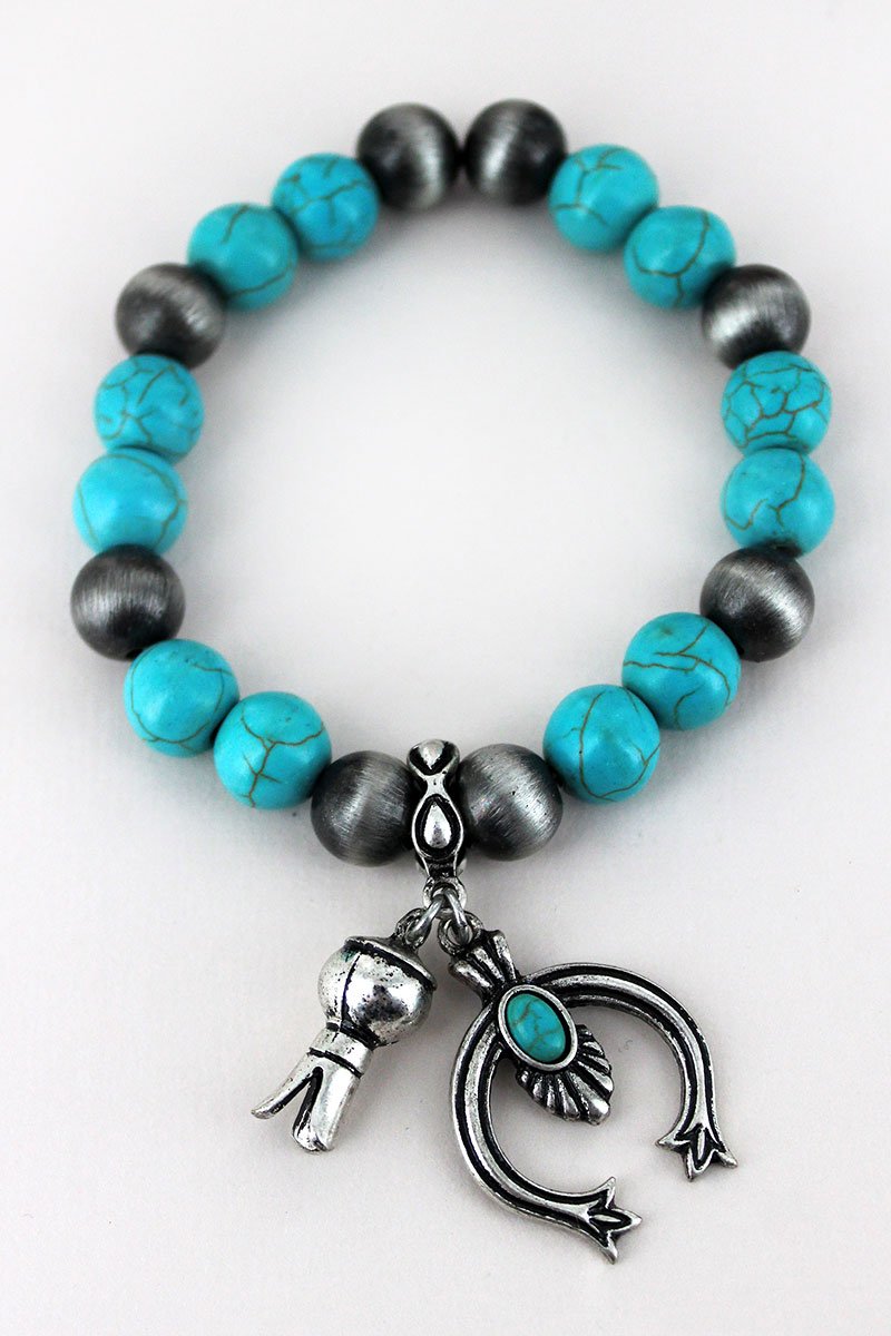 Turquoise and Navajo Pearl Stretch Bracelet with Charms