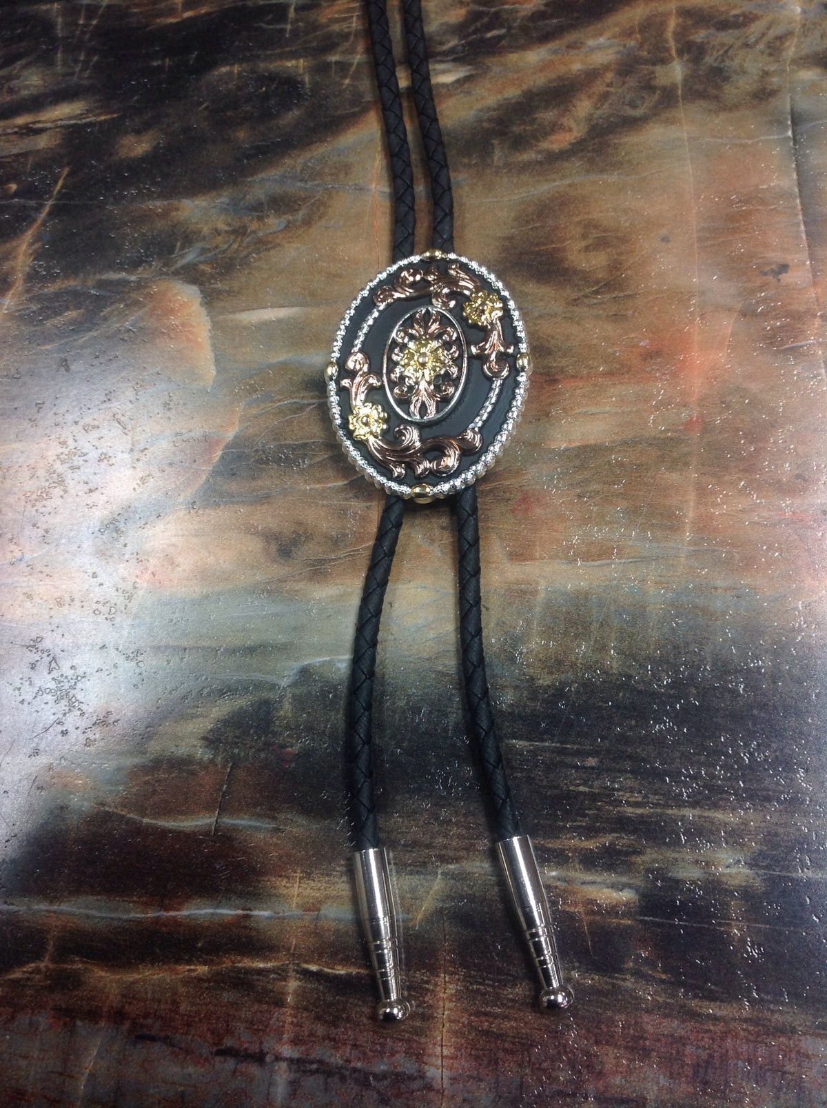 Black, Bronze, and Gold Floral Oval Bolo Tie