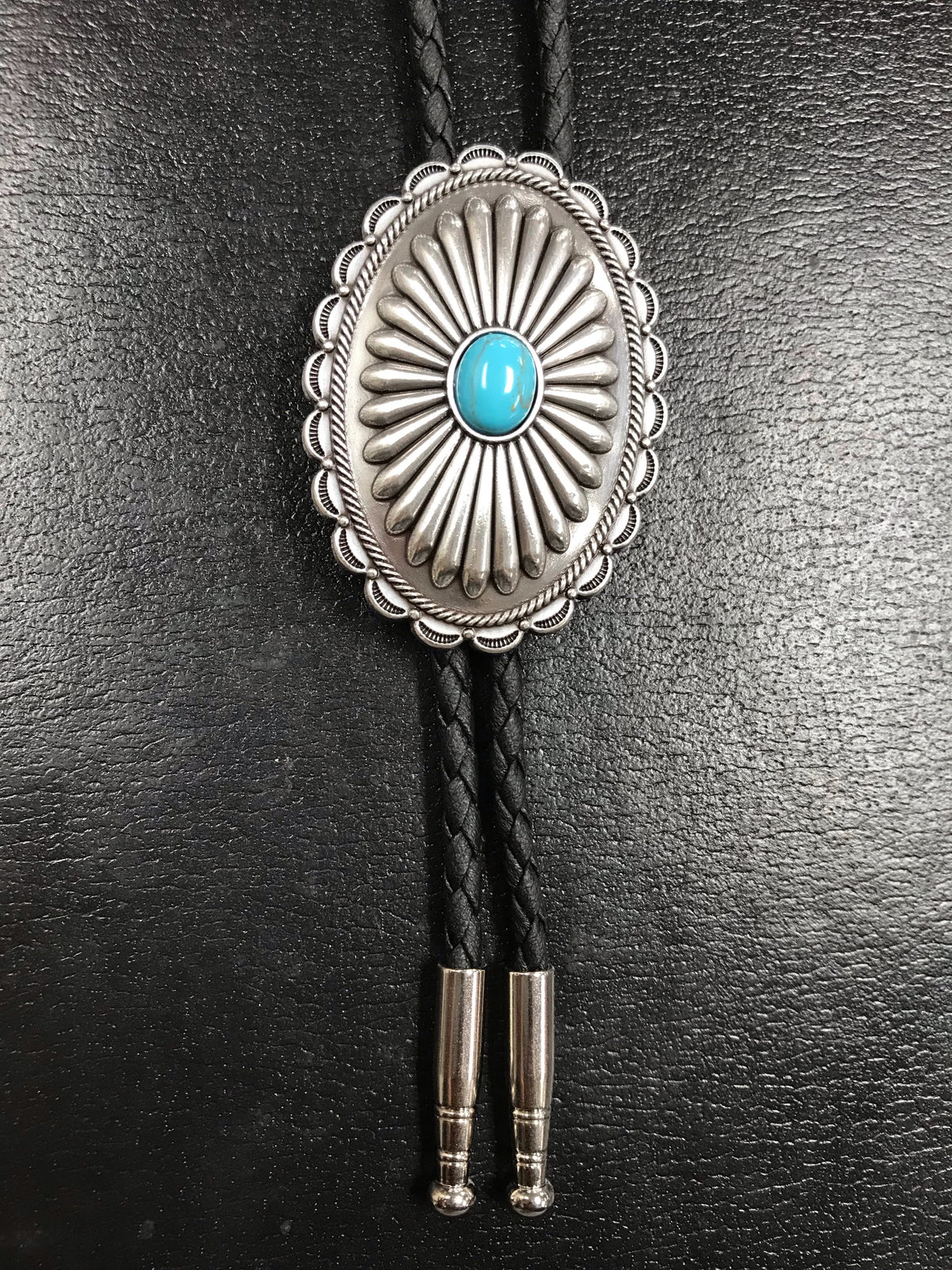 Double S Silver Concho with Turquoise Stone Bolo Tie