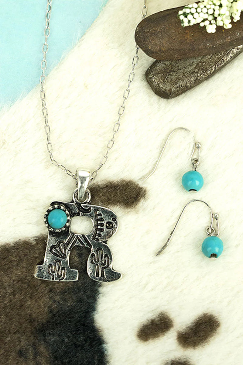 Silvertone and Turquoise Pendant Necklace and Earring Set
