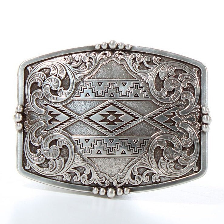 Nocona Rectangle Aztec Floral Silver Belt Buckle